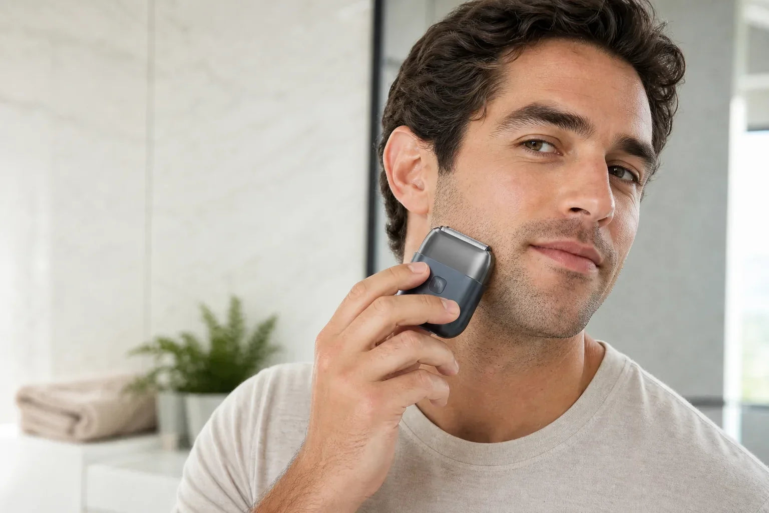 A man gently dry-shaving his cheek with a compact Nuvy Nova foil electric razor in a bright modern bathroom