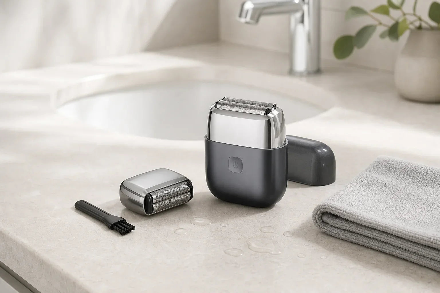 A Nuvy Nova electric shaver, detachable foil head, cleaning brush, protective cap, and towel arranged beside a bathroom sink